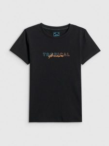 4F T-shirt slim z nadrukiem damski - czarny XXL. Czarne t-shirty 4f, l, bez wzorów, z bawełny, bez kołnierzyka, bez ramiączek. Za 59,99 zł.