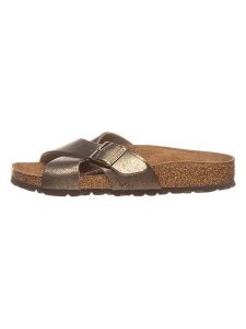 Birkenstock Skórzane klapki "Siena" w kolorze złotym rozmiar: 36. Żółte klapki Birkenstock, bez wzorów, z otwartym noskiem, bez obcasa. Za 178,79 zł.