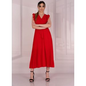 Elegancka Plisowana Sukienka z Kopertowym Dekoltem - Czerwona. Czerwone sukienki Merribel, l, bez wzorów, z elastanu, eleganckie, bez kołnierzyka, bez ramiączek, kopertowe. Za 129,90 zł.