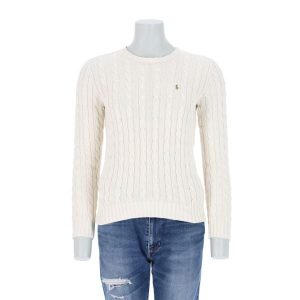 Second life - Damski beżowy sweter z warkoczowym splotem - Jak nowy. Brązowe golfy Ralph Lauren, bez wzorów, ze splotem. Za 255,56 zł.