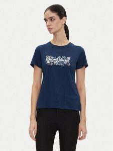 Pepe Jeans T-Shirt Rosalind PL506034 Granatowy Regular Fit. Niebieskie t-shirty Pepe Jeans, m, bez wzorów, z bawełny, bez kołnierzyka, bez ramiączek. Za 79,99 zł.