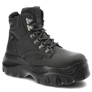 Botki damskie Big Star, ze skóry naturalnej licowej z wysoką sznurowaną cholewką metalowymi hakami i oczkami, czarne, KK274368. Czarne botki Big Star, na jesień, bez wzorów, ze skóry ekologicznej, bez obcasa, na obcasie, bez zapięcia. Za 220,99 zł.