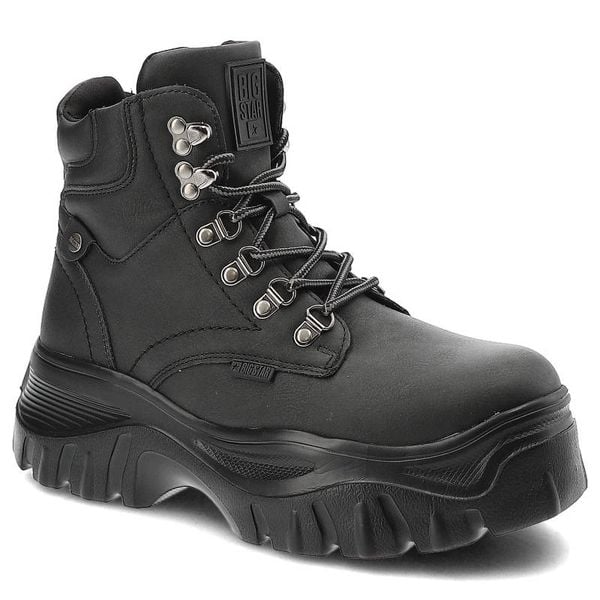 Botki damskie Big Star, ze skóry naturalnej licowej z wysoką sznurowaną cholewką metalowymi hakami i oczkami, czarne, KK274368. Czarne botki Big Star, na jesień, bez wzorów, ze skóry ekologicznej, bez obcasa, na obcasie, bez zapięcia. Za 209,00 zł.