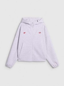 4F Bluza dresowa regular z kapturem damska - szara L. Szare bluzy 4f, l, bez wzorów, z dresówki, z kapturem. Za 199,99 zł.