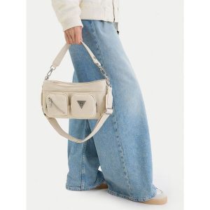 Torebka Guess Jeans. Białe torebki klasyczne Guess Jeans, z aplikacjami, z jeansu, bez dodatków. Za 259,99 zł.