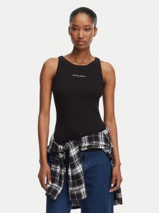 Tommy Jeans Top Ess Logo 1 DW0DW22806 Czarny Slim Fit. Czarne topy Tommy Jeans, s, bez wzorów, z bawełny, bez kołnierzyka, bez ramiączek. Za 149,99 zł.