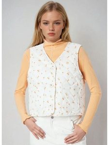 Monki Kamizelka w kolorze biało-pomarańczowym rozmiar: XXS. Białe kamizelki Monki, xxs, bez wzorów, z bawełny, bez kołnierzyka, bez ramiączek, bez kaptura. Za 60,99 zł.