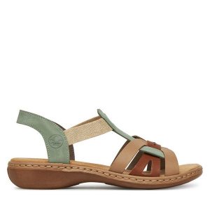 Sandały Rieker. Zielone sandały Rieker, bez wzorów, bez obcasa, na płaskiej podeszwie, bez zapięcia. Za 289,99 zł.