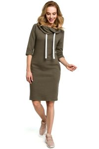 Khaki Sportowa Sukienka z Wywijanym Kołnierzem z Troczkami. Brązowe sukienki MOE, l, bez wzorów, z bawełny, sportowe, bez kołnierzyka, bez ramiączek, sportowe. Za 283,90 zł.