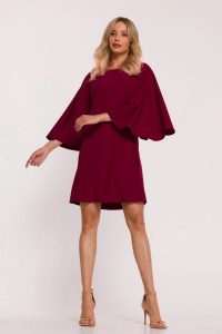 Elegancka sukienka trapezowa z bufiastymi rękawami bordowa. Czerwone sukienki Stylove, s, bez wzorów, eleganckie, bez kołnierzyka, bez ramiączek, trapezowe. Za 329,00 zł.