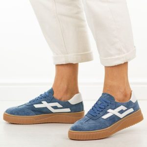 Granatowe skórzane półbuty damskie Cambell 40345. Niebieskie półbuty Cambell, na jesień, bez wzorów, z dresówki, z okrągłym noskiem, bez obcasa, bez zapięcia. Za 239,00 zł.