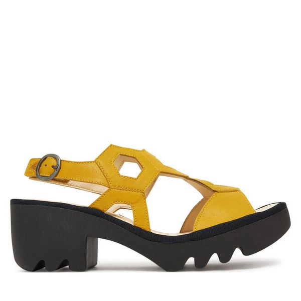 Sandały Fly London. Żółte sandały Fly London, bez wzorów, bez obcasa, na słupku, bez zapięcia. Za 399,99 zł.