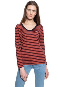 DAMSKA KOSZULKA Z DŁUGIM RĘKAWEM LEE LS SCOOP NECK TEE REGULAR FIT RED OCHRE L44DYKOE 112109832. Brązowe bluzki Lee, l, bez wzorów, bez kołnierzyka, bez ramiączek. Za 99,99 zł.
