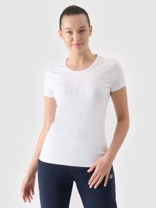 4F T-shirt slim z nadrukiem damski - biały S. Białe t-shirty 4f, s, bez wzorów, z bawełny, bez kołnierzyka, bez ramiączek. W wyprzedaży za 39,99 zł.