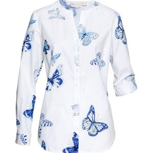 Bluzka z wiskozy z nadrukiem. Białe bluzki bonprix, bez wzorów, z wiskozy, eleganckie, bez kołnierzyka, bez ramiączek. Za 119,99 zł.