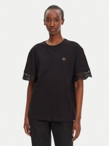 TWINSET T-Shirt 251TT2410 Czarny Relaxed Fit. Czarne t-shirty Twinset, m, bez wzorów, z bawełny, bez kołnierzyka, bez ramiączek. Za 289,99 zł.
