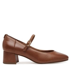 Półbuty Tamaris. Brązowe czółenka Tamaris, bez wzorów, bez obcasa, na obcasie, bez zapięcia. Za 289,99 zł.