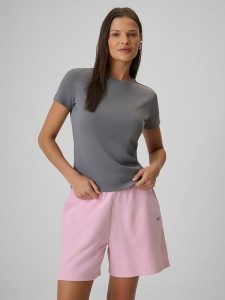 4F T-shirt slim prążkowany damski - szary M. Szare t-shirty 4f, m, bez wzorów, z dzianiny, bez kołnierzyka, bez ramiączek. W wyprzedaży za 39,99 zł.