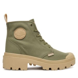 Trapery Palladium. Zielone buty zimowe Palladium, bez obcasa, bez zapięcia. Za 399,99 zł.