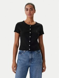 Tommy Jeans Bluzka DW0DW20377 Czarny Slim Fit. Czarne bluzki Tommy Jeans, xs, bez wzorów, z bawełny, bez kołnierzyka, bez ramiączek. Za 169,99 zł.