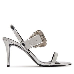 Sandały Versace Jeans Couture. Szare sandały Versace Jeans Couture, bez wzorów, z jeansu, bez obcasa, na szpilce, bez zapięcia. Za 565,99 zł.
