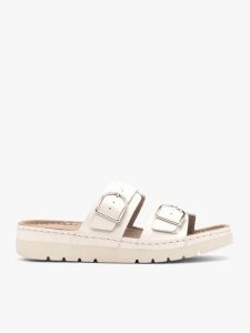 Kremowe klapki z dwoma paskami. Brązowe klapki Ryłko, bez wzorów, ze skóry, z okrągłym noskiem, bez obcasa, na płaskiej podeszwie. Za 399,99 zł.