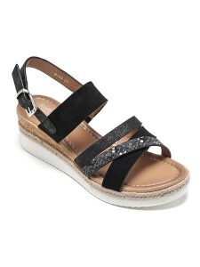 Sixth Sens Sandały w kolorze czarnym na koturnie rozmiar: 38. Czarne sandały Sixth Sens, bez wzorów, z otwartym noskiem, bez obcasa, na koturnie, bez zapięcia. Za 111,84 zł.