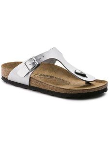 Birkenstock Japonki "Gizeh" w kolorze srebrnym rozmiar: 42. Szare klapki Birkenstock, bez wzorów, ze skóry, z otwartym noskiem, bez obcasa. Za 336,95 zł.
