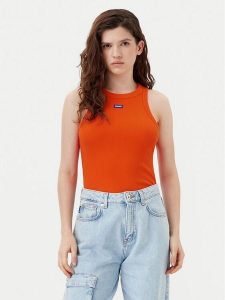 HUGO Top Easy 50508857 Pomarańczowy Slim Fit. Brązowe topy Hugo, xxs, bez wzorów, z bawełny, bez kołnierzyka, bez ramiączek. Za 109,99 zł.