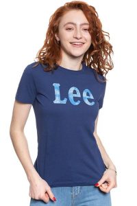 LEE T SHIRT DAMSKI SLIM LOGO TEE BLUEPRINT L43KEHLH 112109663. Niebieskie t-shirty Lee, l, bez wzorów, bez kołnierzyka, bez ramiączek. Za 69,99 zł.