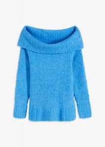 Sweter off-shoulder. Niebieskie swetry klasyczne bonprix, bez kołnierzyka. Za 149,99 zł.