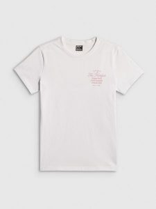 4F T-shirt regular z nadrukiem damski - biały S. Białe t-shirty 4f, s, bez wzorów, z bawełny, bez kołnierzyka, bez ramiączek. Za 59,99 zł.
