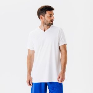 Koszulka piłkarska Kipsta Essential Club. Białe bluzki KIPSTA, l, bez wzorów, z materiału, sportowe, bez kołnierzyka, bez ramiączek. Za 29,99 zł.