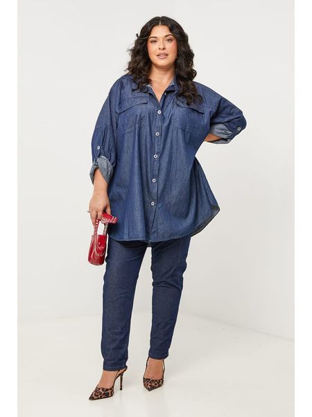 Curvy Lady Koszula dżinsowa w kolorze granatowym rozmiar: 44/46. Niebieskie koszule Curvy Lady, bez wzorów, bez kołnierzyka, bez ramiączek. Za 139,20 zł.