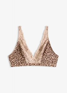 Biustonosz bralette bez fiszbinów z miękką podszewką, w panterkę. Brązowe biustonosze bonprix, bez wzorów. Za 37,99 zł.