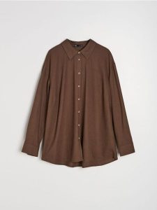 Koszula z domieszką lnu - brązowy. Brązowe koszule Sinsay, xl, bez wzorów, bez kołnierzyka, bez ramiączek. Za 49,99 zł.