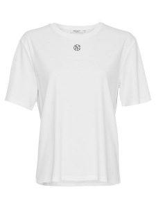 MOSS COPENHAGEN Koszulka "Melea Icon" w kolorze białym rozmiar: L/XL. Białe bluzki Moss Copenhagen, l, bez wzorów, z bawełny, bez kołnierzyka, bez ramiączek. Za 65,85 zł.