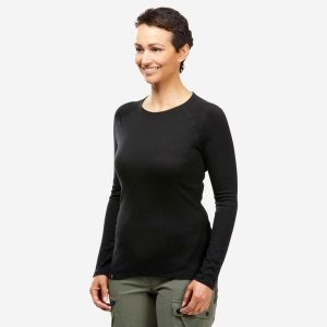 Koszulka z długim rękawem damska Forclaz MT500 merino. Czarne bluzki FORCLAZ, m, bez wzorów, z materiału, sportowe, bez kołnierzyka, bez ramiączek. Za 229,99 zł.