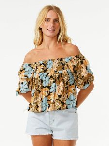 Rip Curl Bluzka w kolorze błękitno-jasnobrązowym rozmiar: M. Brązowe bluzki Rip Curl, m, bez wzorów, z wiskozy, bez kołnierzyka, bez ramiączek. Za 87,81 zł.