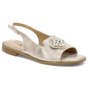 Sandały damskie S. Barski, eleganckie na płaskim obcasie z eko skóry z ozdobą, jasne złoto, KV51-080. Żółte sandały S.BARSKI, z aplikacjami, ze skóry, bez obcasa, na płaskiej podeszwie, bez zapięcia. Za 109,00 zł.