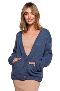 Krótki sweter rozpinany z wełną zapinany na guziki granatowy. Niebieskie kardigany Polskie swetry, z nylonu. Za 259,00 zł.