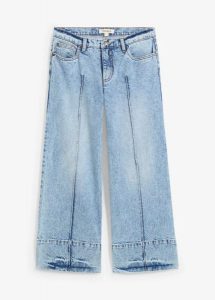 Dżinsy Wide Leg, mid waist, cropped. Niebieskie jeansy bonprix, bez wzorów, z jeansu. Za 54,99 zł.