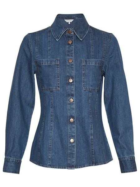 MOSS COPENHAGEN Koszula dżinsowa "Sophine Emma" w kolorze niebieskim rozmiar: XS. Niebieskie koszule Moss Copenhagen, xs, bez wzorów, z bawełny, bez kołnierzyka, bez ramiączek. Za 122,09 zł.