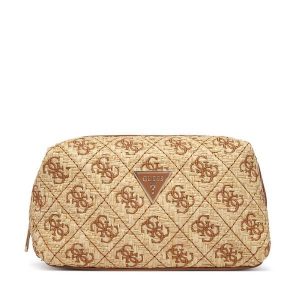 Kosmetyczka Guess. Brązowe kosmetyczki Guess, z aplikacjami, z materiału. Za 192,99 zł.