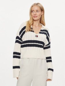 Tommy Jeans Sweter DW0DW17321 Écru Boxy Fit. Swetry klasyczne Tommy Jeans, l, z jeansu, bez kołnierzyka. Za 359,99 zł.