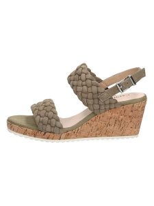 Caprice Skórzane sandały w kolorze khaki na koturnie rozmiar: 39. Brązowe sandały Caprice, bez wzorów, z otwartym noskiem, bez obcasa, na koturnie, bez zapięcia. Za 165,54 zł.