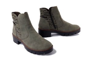 RIEKER X5755-54 green, botki damskie. Zielone botki Rieker, na zimę, bez wzorów, bez obcasa, na obcasie, bez zapięcia. Za 389,90 zł.
