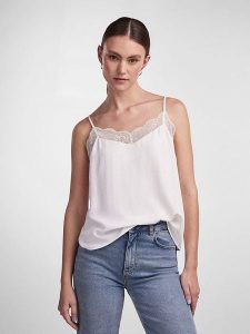 Pieces Top "Pctiffany" w kolorze białym rozmiar: S. Białe topy Pieces, s, bez wzorów, z koronki, bez kołnierzyka, bez ramiączek. Za 52,67 zł.