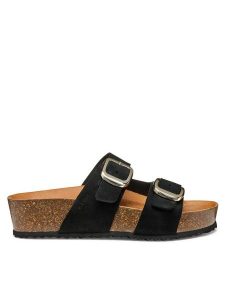 Geox Klapki D Brionia H D551DA 00022 C9999 Czarny. Czarne klapki Geox, bez wzorów, ze skóry, bez obcasa. Za 249,99 zł.