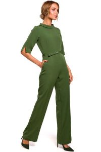 Zielony Elegancki Kombinezon na Stójce z Rękawami do Łokcia. Zielone kombinezony MOE, l, bez wzorów, z elastanu, eleganckie, bez kołnierzyka, bez ramiączek. Za 283,90 zł.